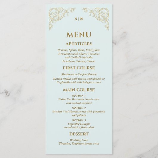 Blauw Monogram Barok Wedding Menu (Voorkant)