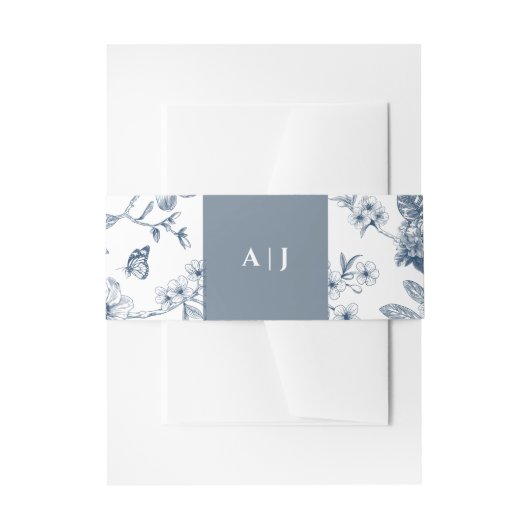 Blauw Monogram Bloemen Franse bruiloft Uitnodigingen Wikkel (Voorkant Voorbeeld)