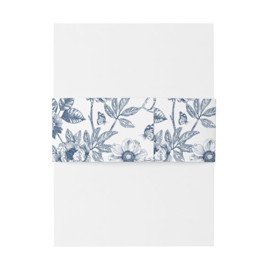 Blauw Monogram  Bloemen Franse bruiloft Uitnodigingen Wikkel (Achterkant Voorbeeld)