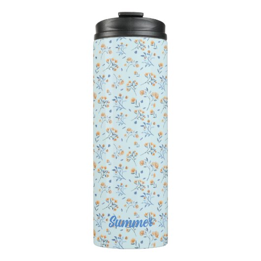 Blauw Monogram Bloemen Patroon Thermische Tumbler Thermosbeker (Voorkant)