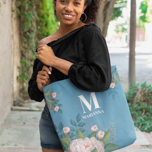 Blauw Monogram Blush Roze Bloemen Custom Tote Bag