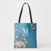 Blauw Monogram Blush Roze Bloemen Custom Tote Bag (Voorkant)