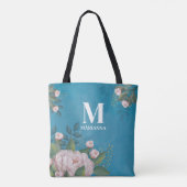 Blauw Monogram Blush Roze Bloemen Custom Tote Bag (Achterkant)