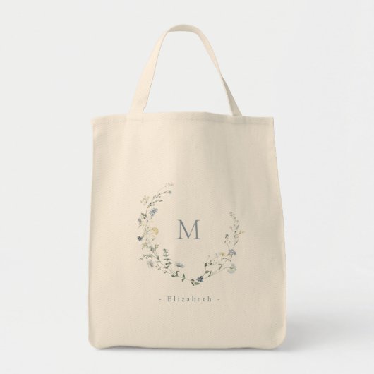 Blauw Monogram Boho Wildflower Krans Bruidsmeisje Tote Bag (Voorkant)