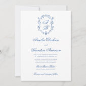 Blauw Monogram Crest & Formele Script Wedding Kaart (Voorkant)