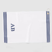 Blauw monogram & drie strepen op wit golfhanddoek (Horizontaal)