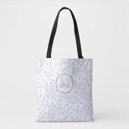 Blauw Monogram Elegante Bloemen Aangepaste Botanis Tote Bag (Voorkant)