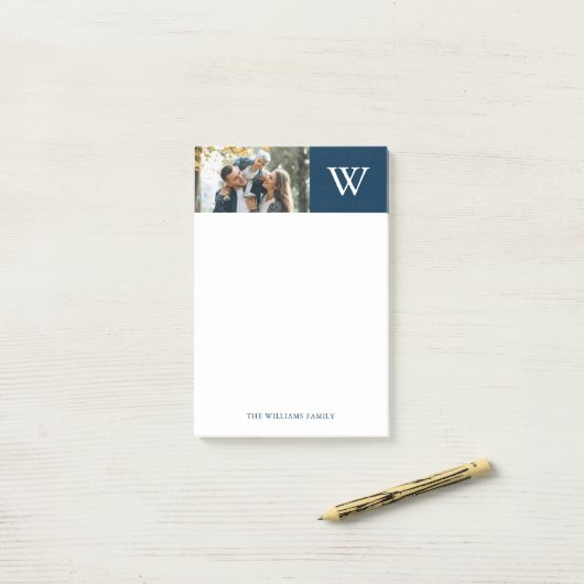 Blauw monogram en aangepaste foto post-it® notes (Op bureau)
