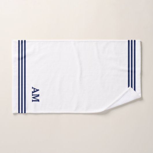 Blauw monogram en drie strips op wit bad handdoek (Handdoek)
