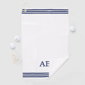 Blauw monogram en drie strips op wit golfhanddoek (Insitu)