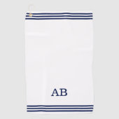 Blauw monogram en drie strips op wit golfhanddoek (Voorkant)