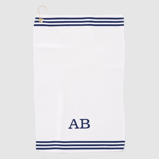 Blauw monogram en drie strips op wit golfhanddoek (Voorkant)