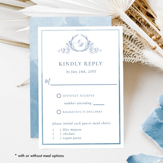 Blauw Monogram en Waterverf Elegant Huwelijk RSVP