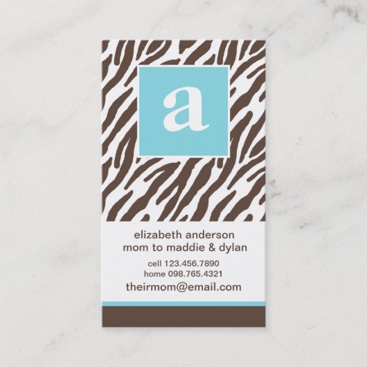 Blauw Monogram en Zebra Print Contactkaartje (Voorkant)