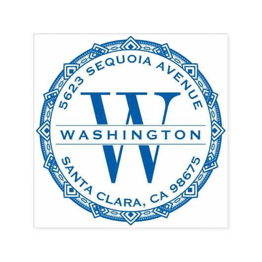 Blauw  Monogram Familienaam Retouradres Zelfinktende Stempel (Design)