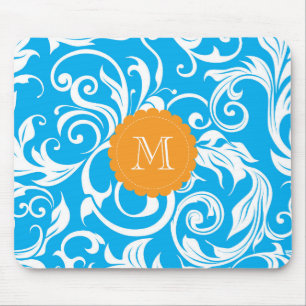 Blauw Monogram Floral Wallpaper Turquoise Muismat