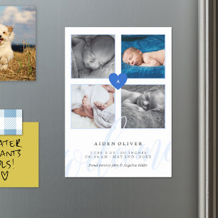 Blauw Monogram Foto Collage Baby Aankondiging