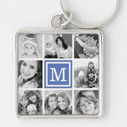 Blauw monogram fotocollage sleutelhanger (Voorkant)