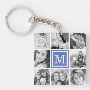 Blauw monogram fotocollage sleutelhanger