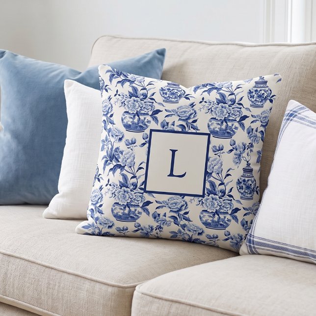 Blauw monogram Frans landelijk kussen (Creator heeft geüpload)