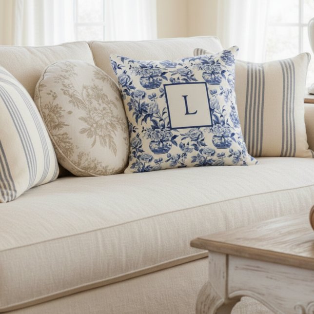 Blauw monogram Frans landelijk kussen (Creator heeft geüpload)