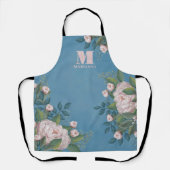 Blauw Monogram Gepersonaliseerde Roze Bloemen Roze Schort (Voorkant)