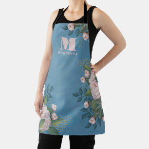 Blauw Monogram Gepersonaliseerde Roze Bloemrozen Schort