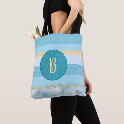 Blauw monogram Gestreept patroon Tote Bag (Dichtbij)
