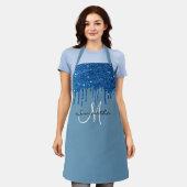 Blauw monogram glitterslierten metaalachtig schort (Gedragen)