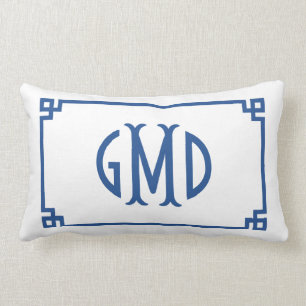 Blauw monogram Grieks sleutelhanger lumbaal kussen