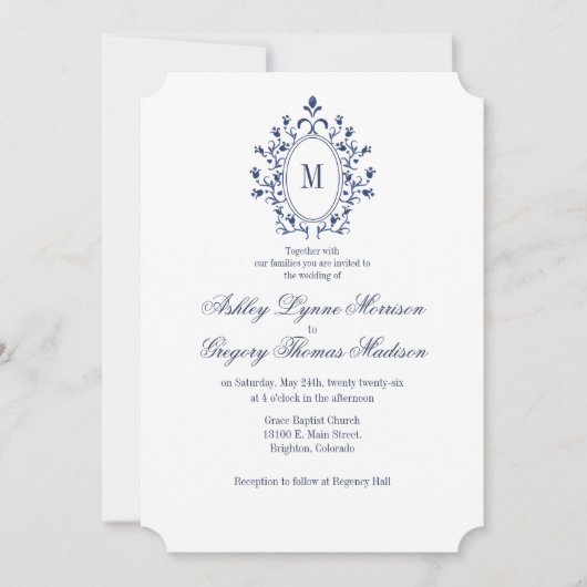 Blauw Monogram Huwelijksuitnodiging Kaart (Voorkant)