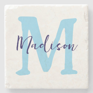 Blauw Monogram Initiaal en Naam Stenen Onderzetter