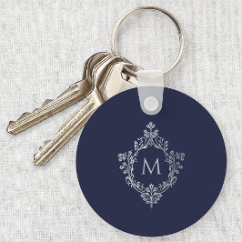Blauw Monogram Initiaal in Vintage Sierlijk Wapen Sleutelhanger