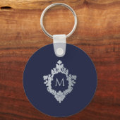Blauw Monogram Initiaal in Vintage Sierlijk Wapen Sleutelhanger (Voorkant)