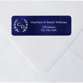 Blauw monogram initiaal krans retouradres etiket