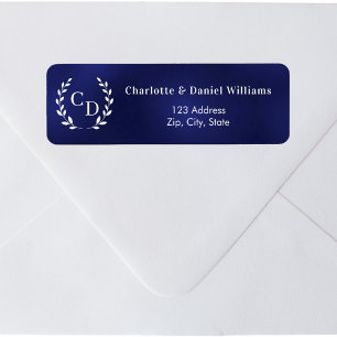 Blauw monogram initiaal krans retouradres etiket