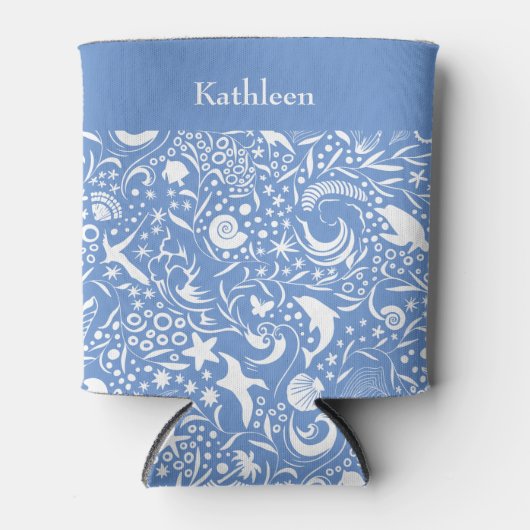 Blauw monogram Jouw naam oceanische patronen toevo Blikjeskoeler (Voorkant)
