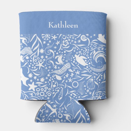 Blauw monogram Jouw naam oceanische patronen toevo Blikjeskoeler (Achterkant)