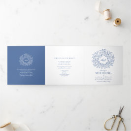 Blauw monogram kunstverhaal toewijding bruiloft drieluik programma