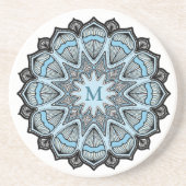 Blauw Monogram Mandala Zandsteen Onderzetter (Voorkant)