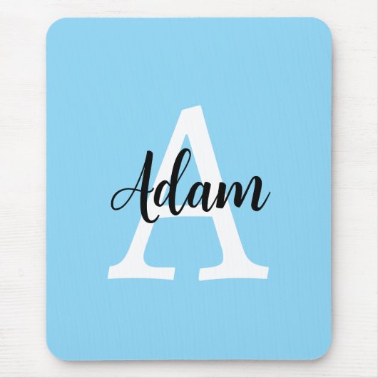 Blauw Monogram Naam Script Persoonlijk Ontwerp Muismat (Voorkant)