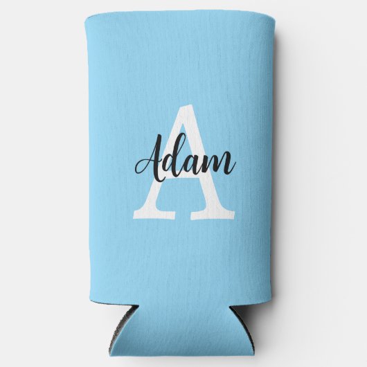 Blauw Monogram Naam Script Persoonlijk Ontwerp Seltzer Blikjeskoeler (Voorkant)