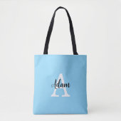 Blauw Monogram Naam Script Persoonlijk Ontwerp Tote Bag (Voorkant)