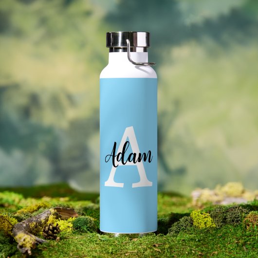 Blauw Monogram Naam Script Persoonlijk Ontwerp Waterfles (Buiten (Gedraaid) )