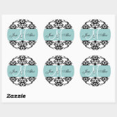 Blauw Monogram Namen Damask Bruiloft Seal Ronde Sticker (Vel)