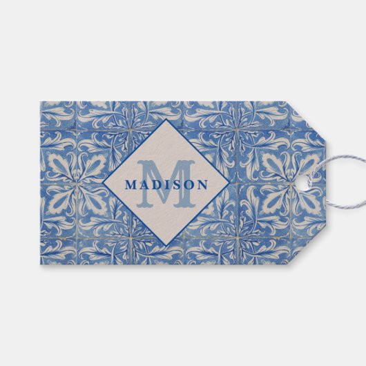  blauw monogram Portugese tegels Cadeaulabel (Voorkant (Horizontaal))