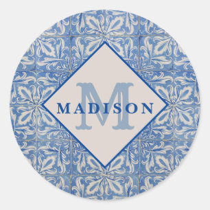 blauw monogram Portugese tegels Ronde Sticker