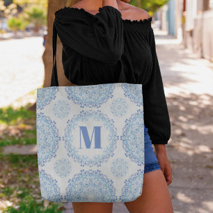 Blauw Monogram Stijlvol Patroon Gepersonaliseerd Tote Bag