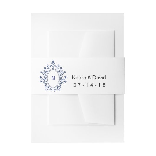 Blauw monogram tailleband trouwuitnodiging uitnodigingen wikkel (Voorkant Voorbeeld)