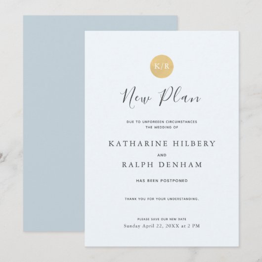 Blauw monogram trouwdatum nieuwe planning aankondi kaart (Voorkant / Achterkant)